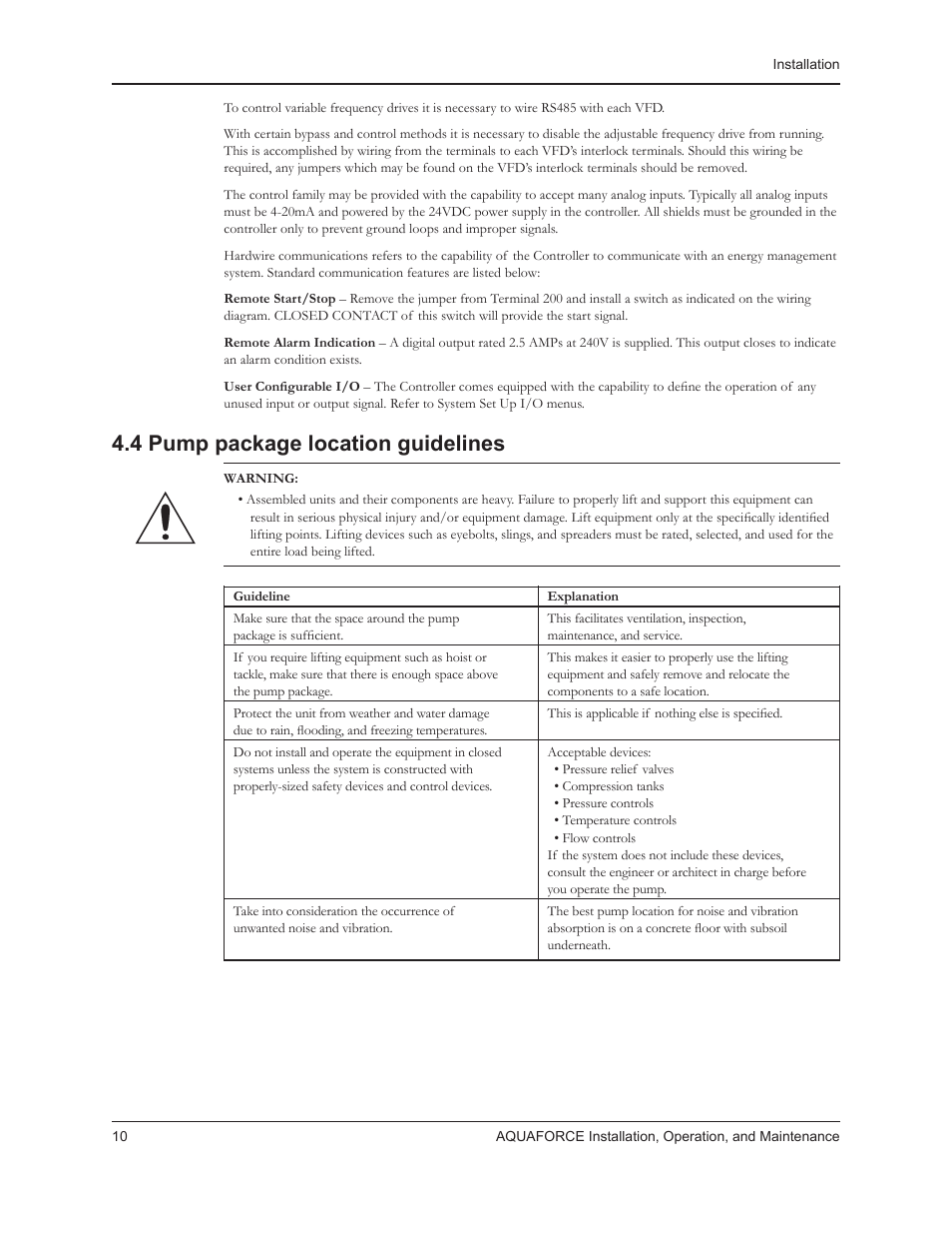 4 pump package location guidelines | Xylem 10 001 262R5 AquaForce Pump Controller User Manual | Page 16 / 64