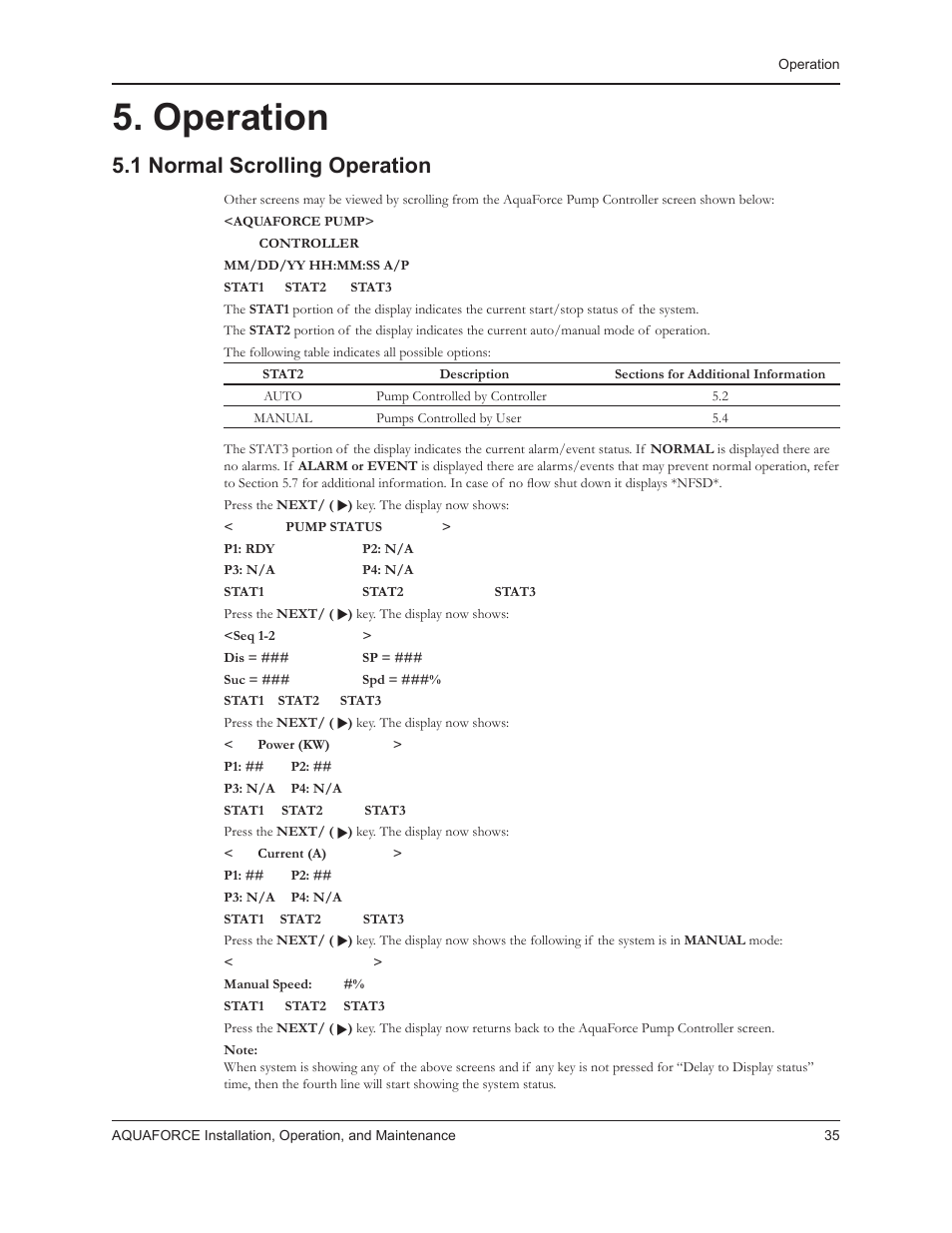 Operation, 1 normal scrolling operation | Xylem 10 001 262R5 AquaForce Pump Controller User Manual | Page 41 / 64