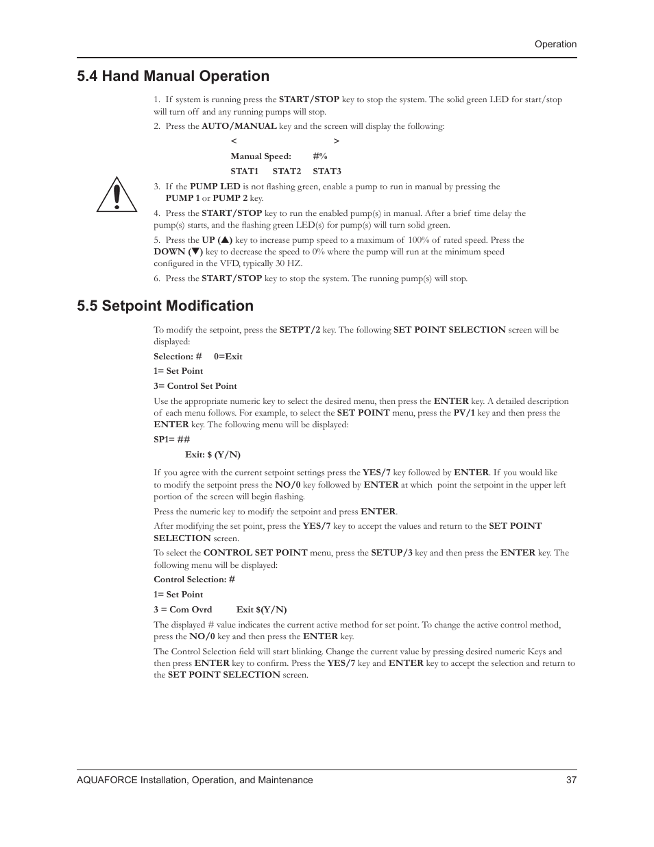 4 hand manual operation, 5 setpoint modification | Xylem 10 001 262R5 AquaForce Pump Controller User Manual | Page 43 / 64