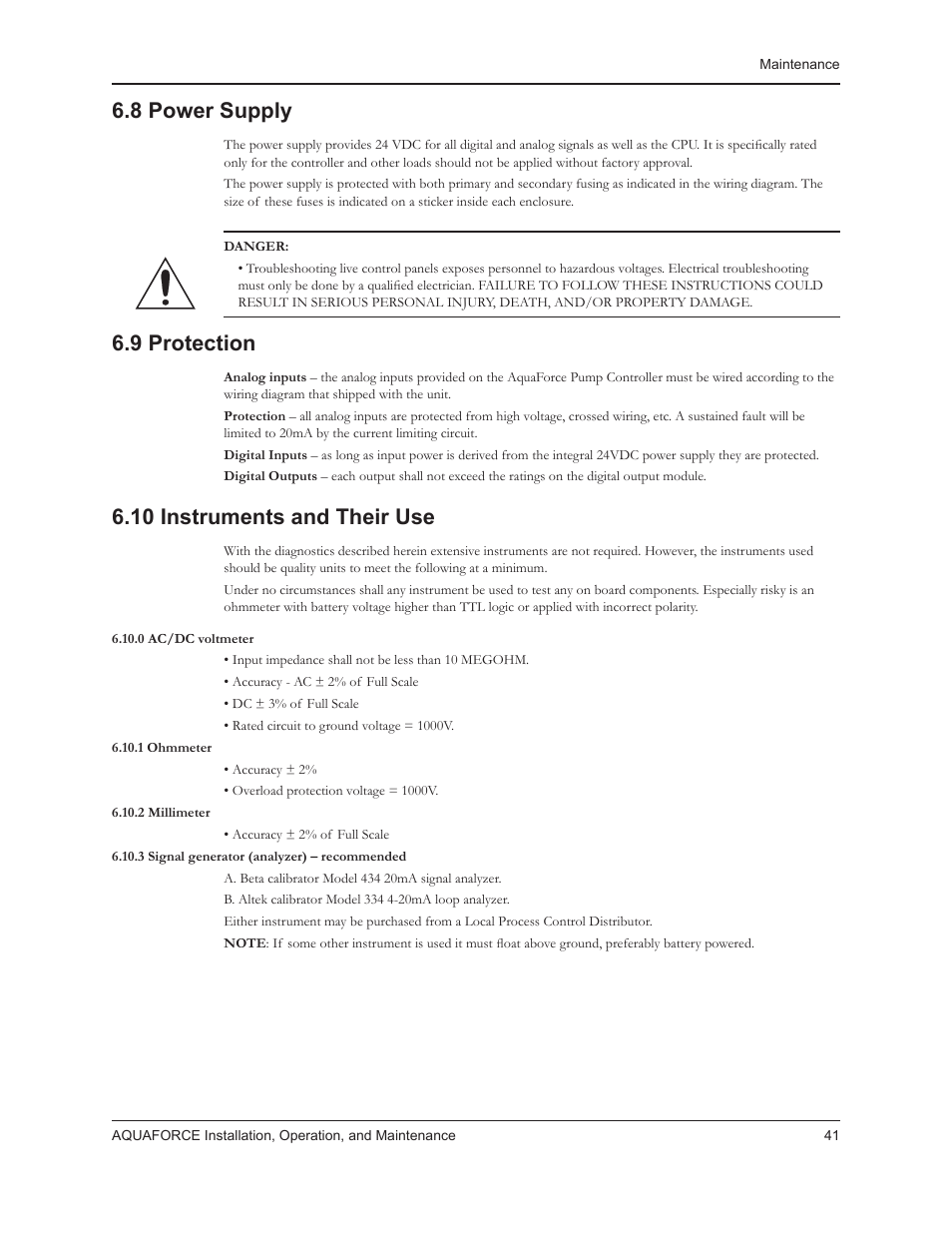 8 power supply, 9 protection, 10 instruments and their use | Xylem 10 001 262R5 AquaForce Pump Controller User Manual | Page 47 / 64