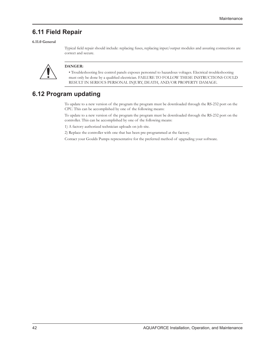 11 field repair, 12 program updating | Xylem 10 001 262R5 AquaForce Pump Controller User Manual | Page 48 / 64