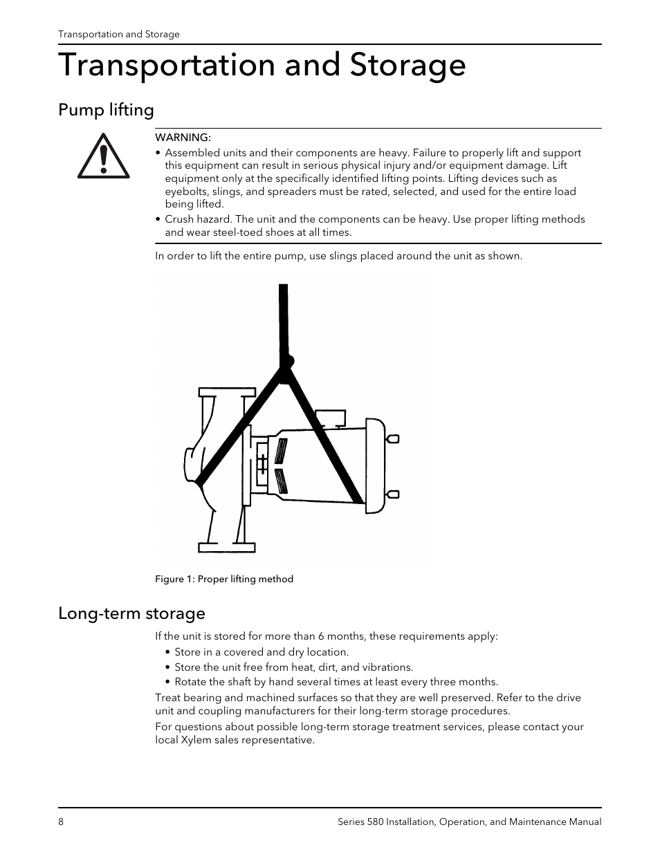 Transportation and storage, Pump lifting, Long-term storage | Pump lifting long-term storage | Xylem 580-IM Marlow Series 580 User Manual | Page 10 / 24