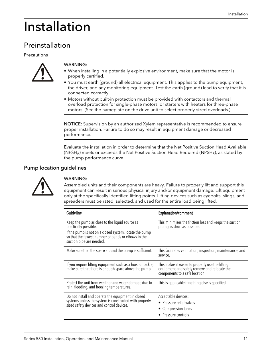 Installation, Preinstallation, Pump location guidelines | Xylem 580-IM Marlow Series 580 User Manual | Page 13 / 24