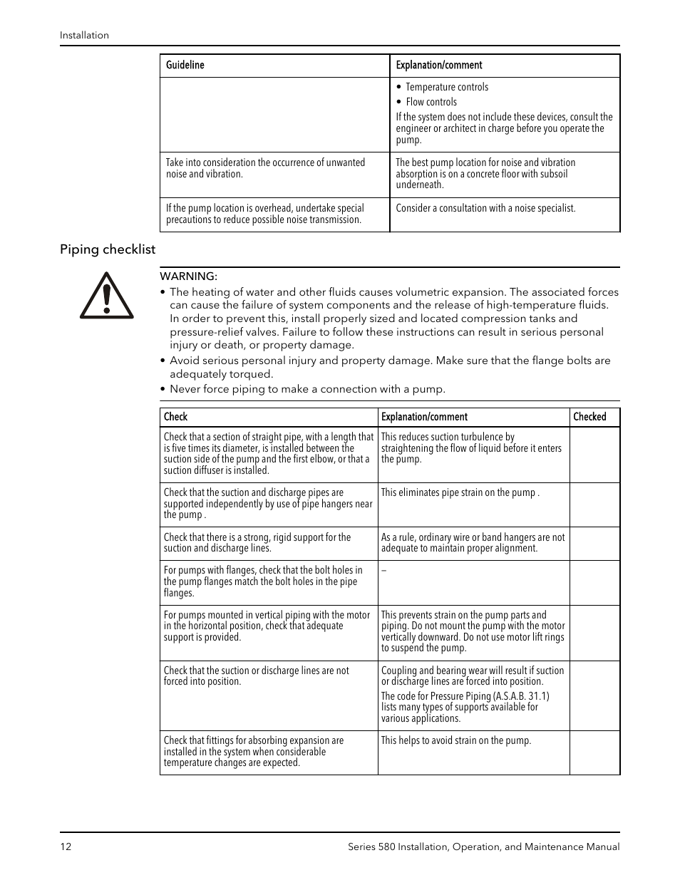 Piping checklist | Xylem 580-IM Marlow Series 580 User Manual | Page 14 / 24