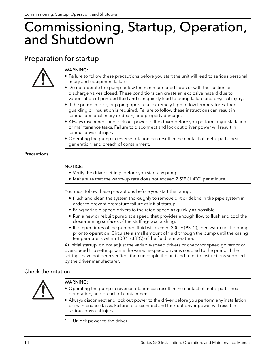 Commissioning, startup, operation, and shutdown, Preparation for startup, Check the rotation | Xylem 580-IM Marlow Series 580 User Manual | Page 16 / 24
