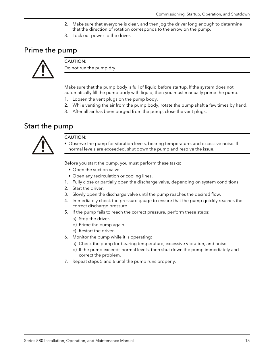 Prime the pump, Start the pump, Prime the pump start the pump | Xylem 580-IM Marlow Series 580 User Manual | Page 17 / 24