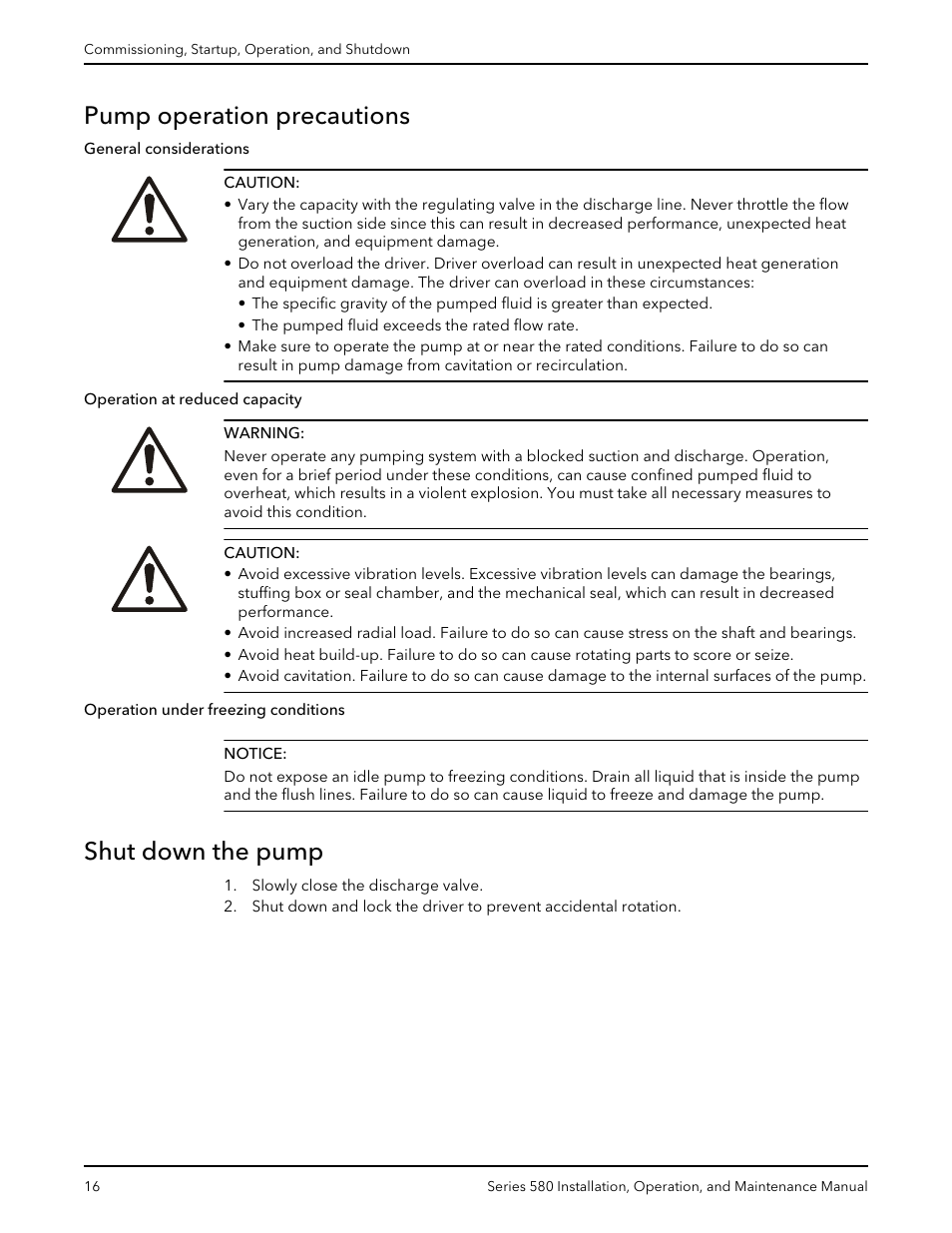 Pump operation precautions, Shut down the pump, Pump operation precautions shut down the pump | Xylem 580-IM Marlow Series 580 User Manual | Page 18 / 24