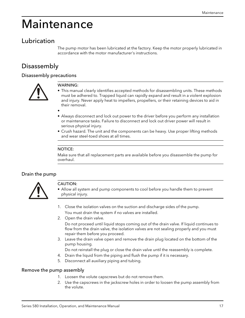 Maintenance, Lubrication, Disassembly | Disassembly precautions, Drain the pump, Remove the pump assembly, Lubrication disassembly | Xylem 580-IM Marlow Series 580 User Manual | Page 19 / 24
