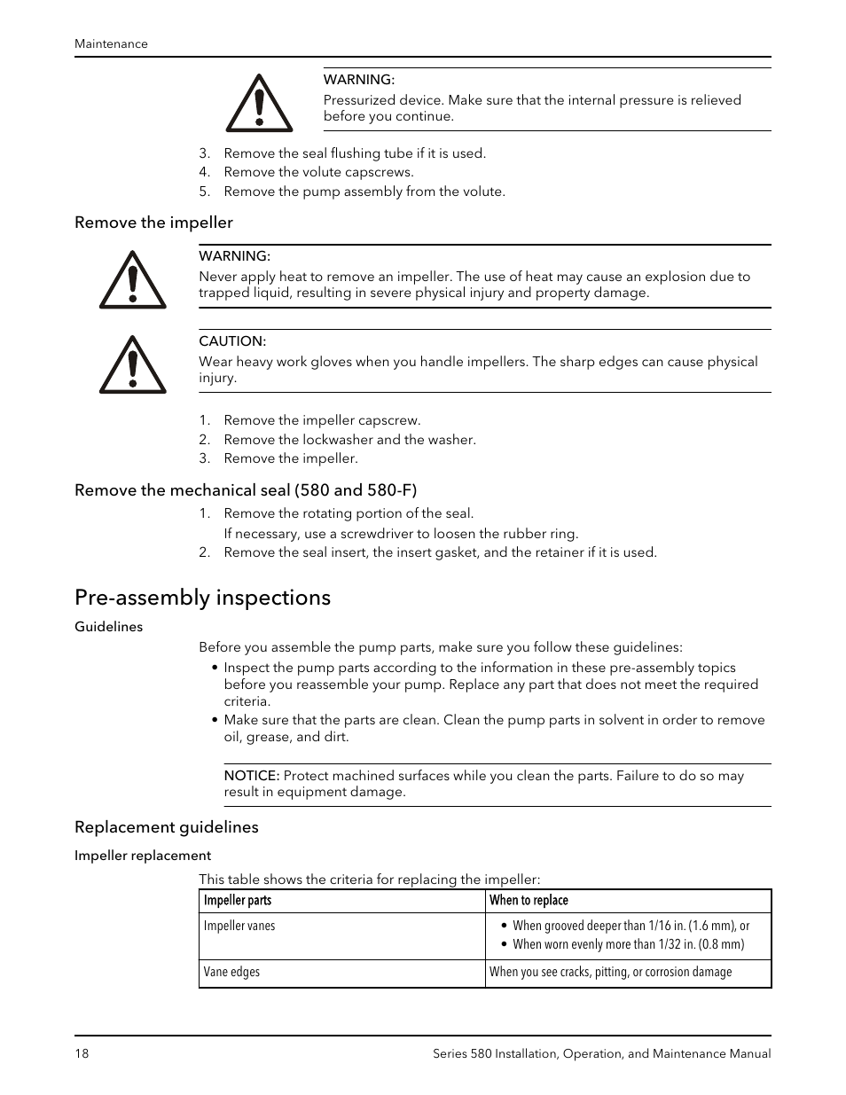 Remove the impeller, Remove the mechanical seal (580 and 580-f), Pre-assembly inspections | Replacement guidelines | Xylem 580-IM Marlow Series 580 User Manual | Page 20 / 24