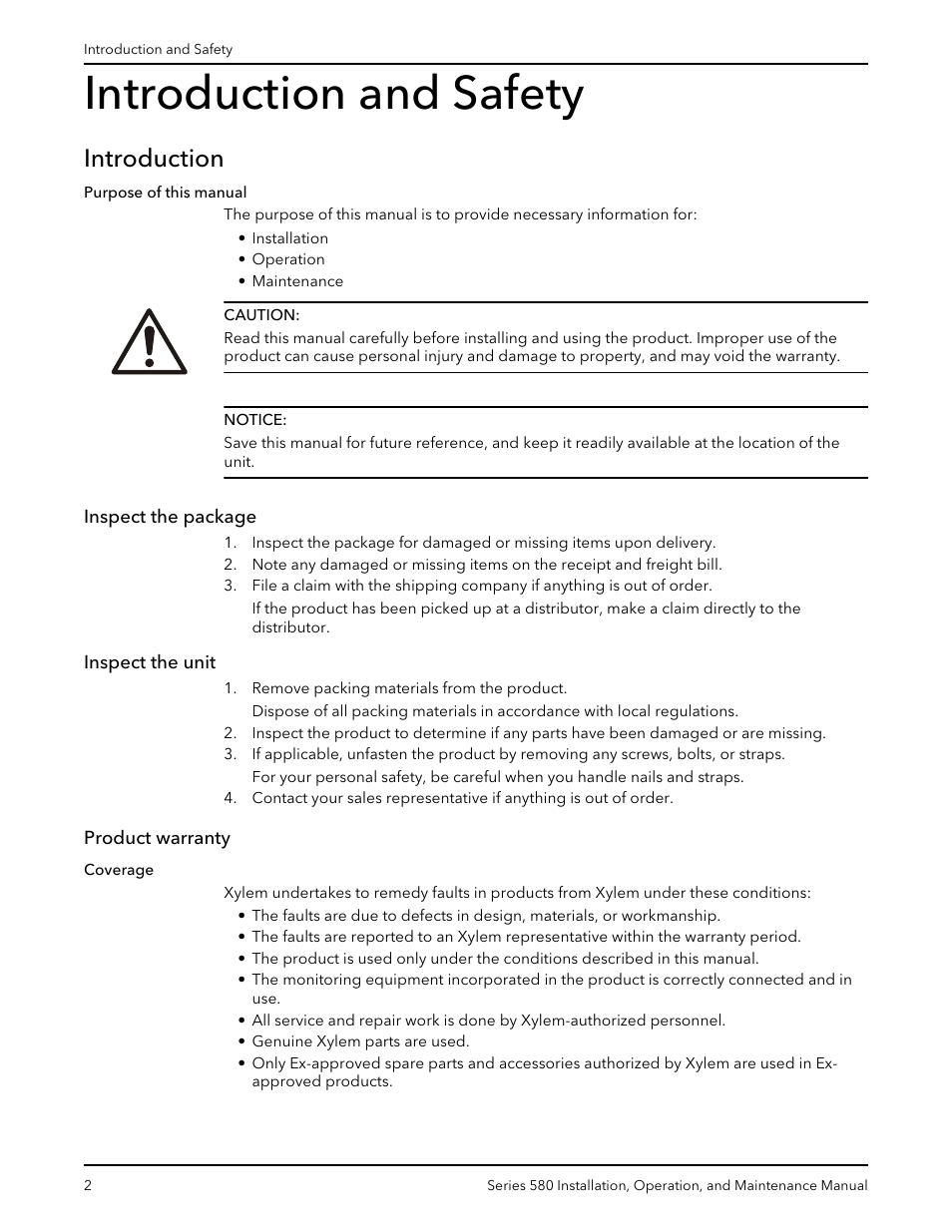 Introduction and safety, Introduction, Inspect the package | Inspect the unit, Product warranty | Xylem 580-IM Marlow Series 580 User Manual | Page 4 / 24