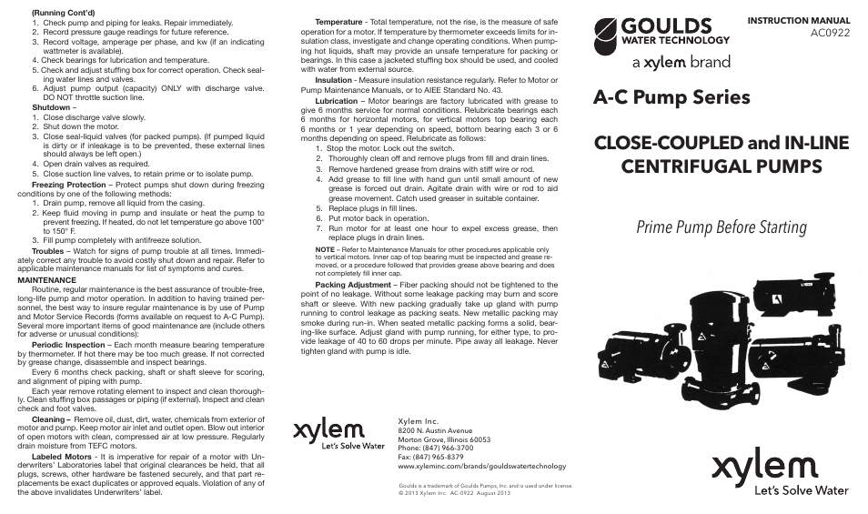 Xylem AC0922 GWT A-C Pump Series Close-Coupled and In-Line Centrifugal Pumps User Manual | 2 pages