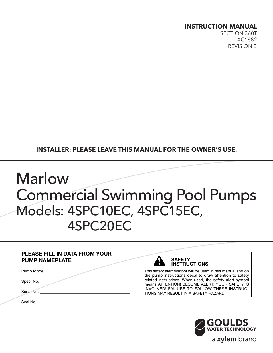 Xylem AC1682B Marlow Series Commercial Swimming Pool Pumps User Manual | 8 pages