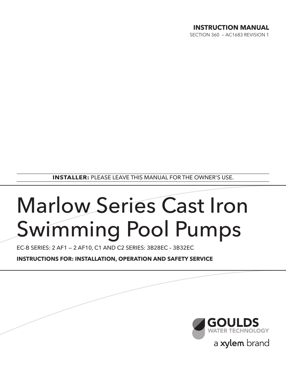 Xylem AC1683 R1 Marlow Series Cast Iron Swimming Pool Pumps User Manual | 8 pages