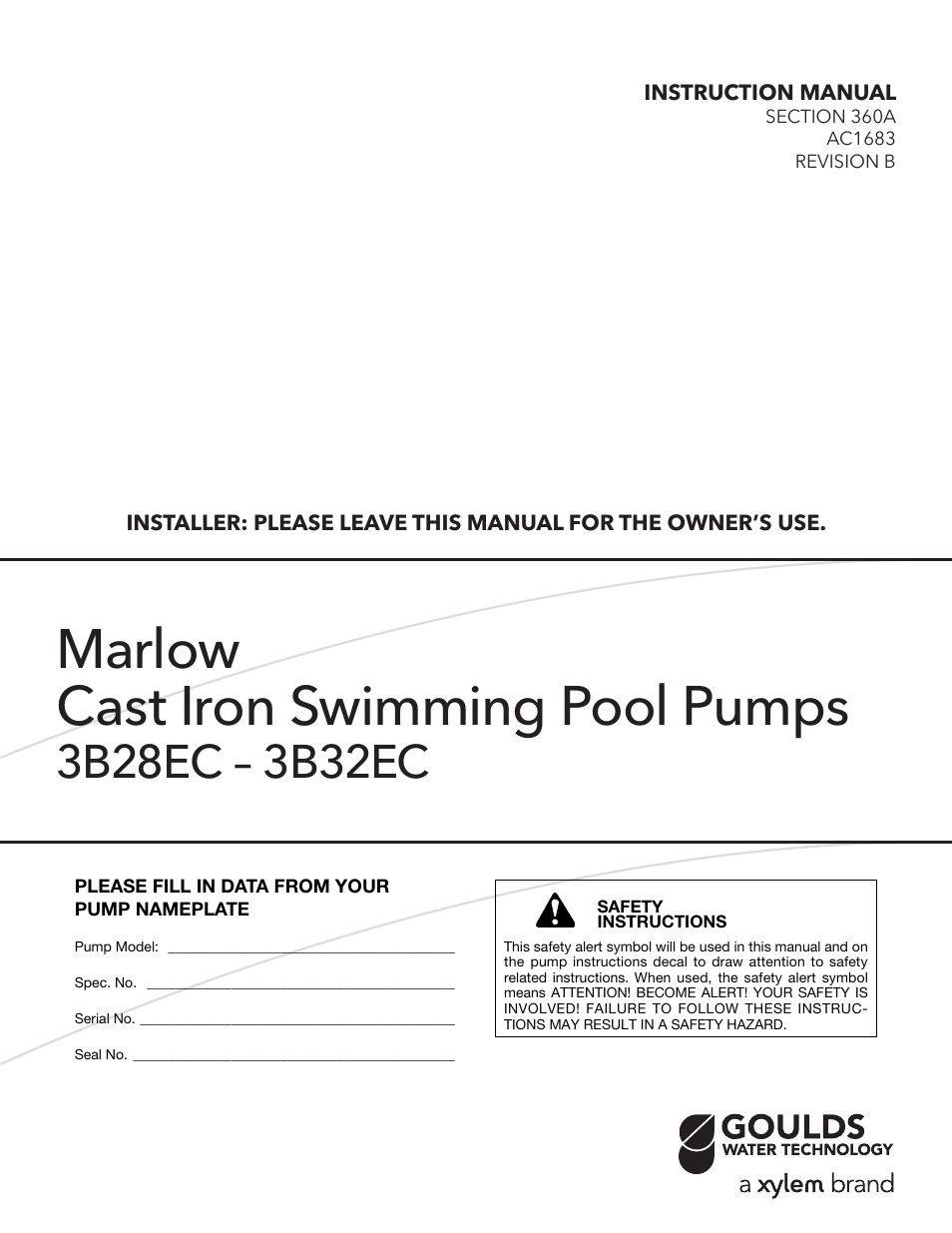 Xylem AC1683B Marlow Series Cast Iron Swimming Pool Pumps 3B28EC – 3B32EC User Manual | 8 pages