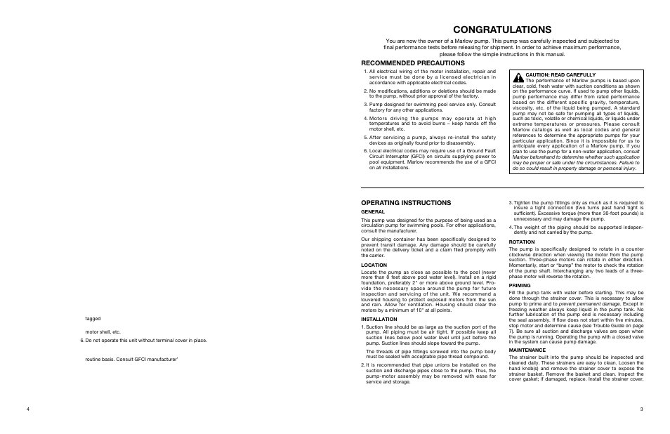 Recommended precautions, Operating instructions | Xylem AC1683B Marlow Series Cast Iron Swimming Pool Pumps 3B28EC – 3B32EC User Manual | Page 3 / 8