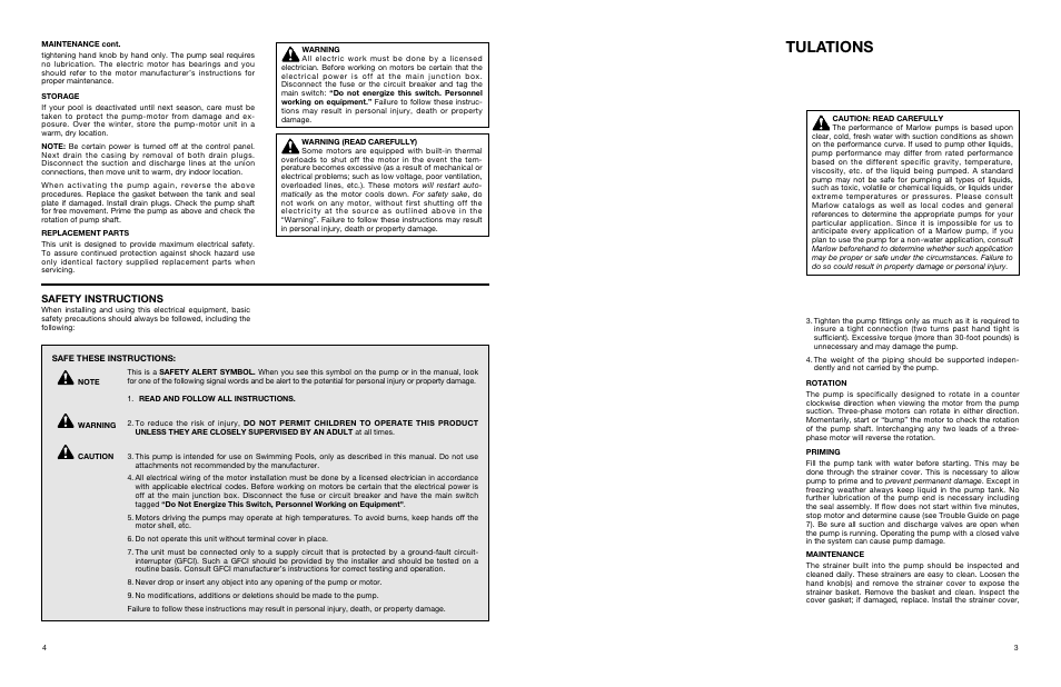 Tulations, Safety instructions | Xylem AC1683B Marlow Series Cast Iron Swimming Pool Pumps 3B28EC – 3B32EC User Manual | Page 4 / 8