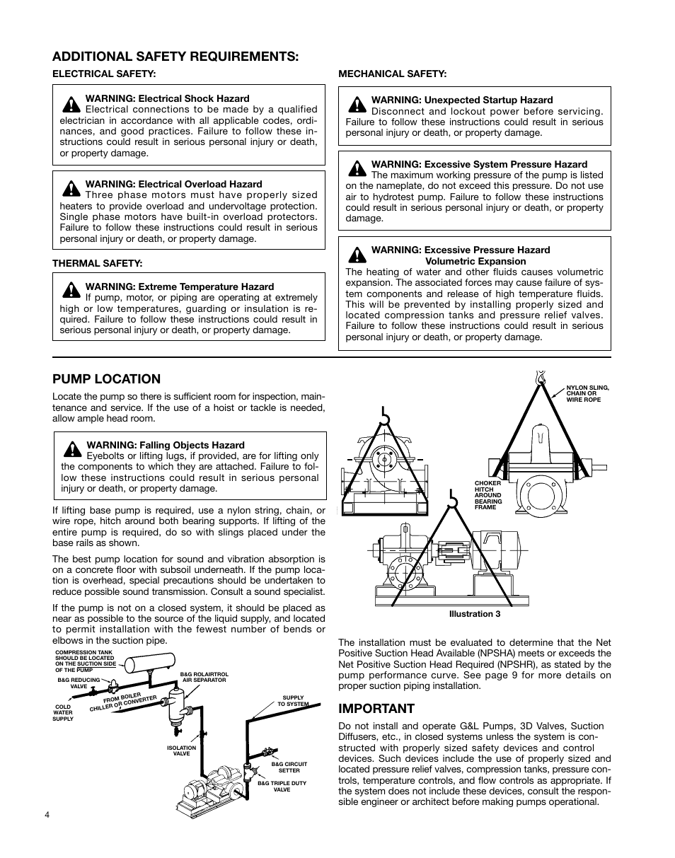 Pump location, Important, Additional safety requirements | Xylem AC5659A G&L Pumps Series A-C 8100 Base Mounted Centrifugal Pumps User Manual | Page 4 / 32