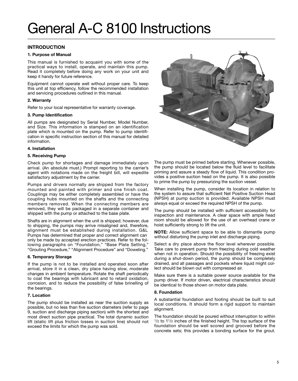 General a-c 8100 instructions | Xylem AC5659A G&L Pumps Series A-C 8100 Base Mounted Centrifugal Pumps User Manual | Page 5 / 32