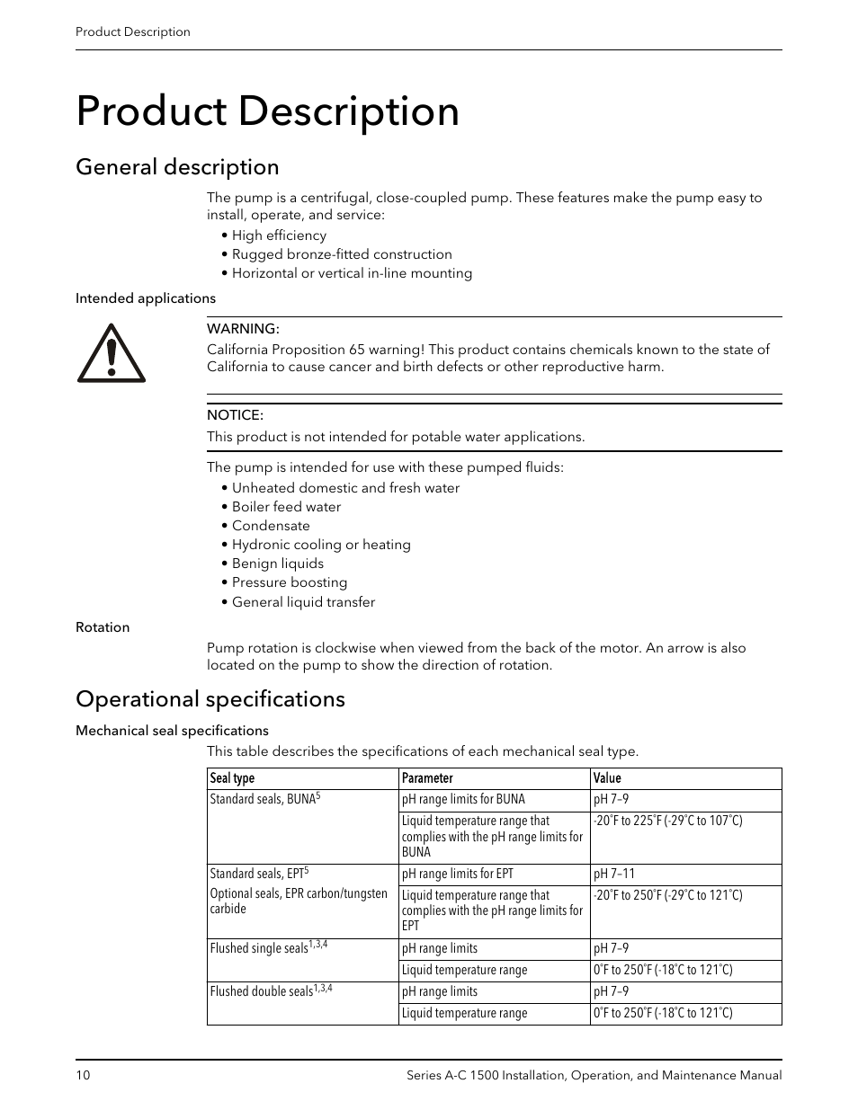 Product description, General description, Operational specifications | General description operational specifications | Xylem AC5660 Series A-C 1500 Vertical In-Line Pump User Manual | Page 12 / 32