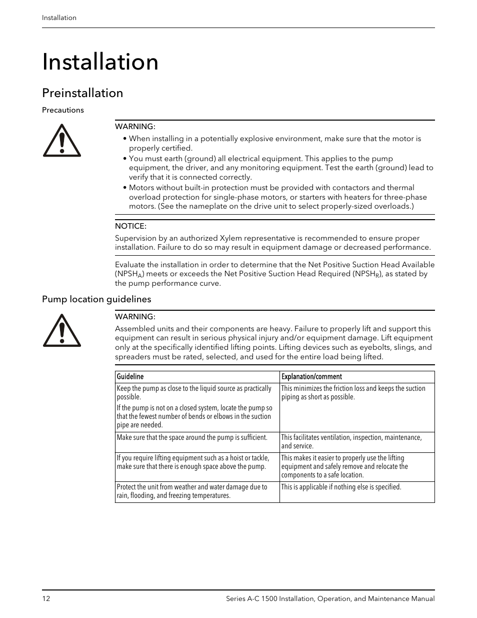 Installation, Preinstallation, Pump location guidelines | Xylem AC5660 Series A-C 1500 Vertical In-Line Pump User Manual | Page 14 / 32