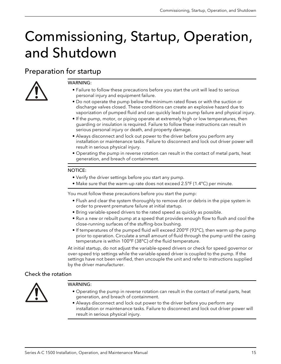 Commissioning, startup, operation, and shutdown, Preparation for startup, Check the rotation | Xylem AC5660 Series A-C 1500 Vertical In-Line Pump User Manual | Page 17 / 32