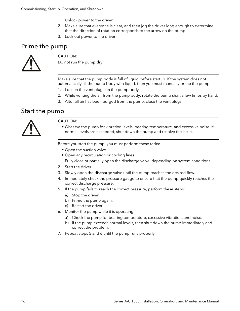 Prime the pump, Start the pump, Prime the pump start the pump | Xylem AC5660 Series A-C 1500 Vertical In-Line Pump User Manual | Page 18 / 32
