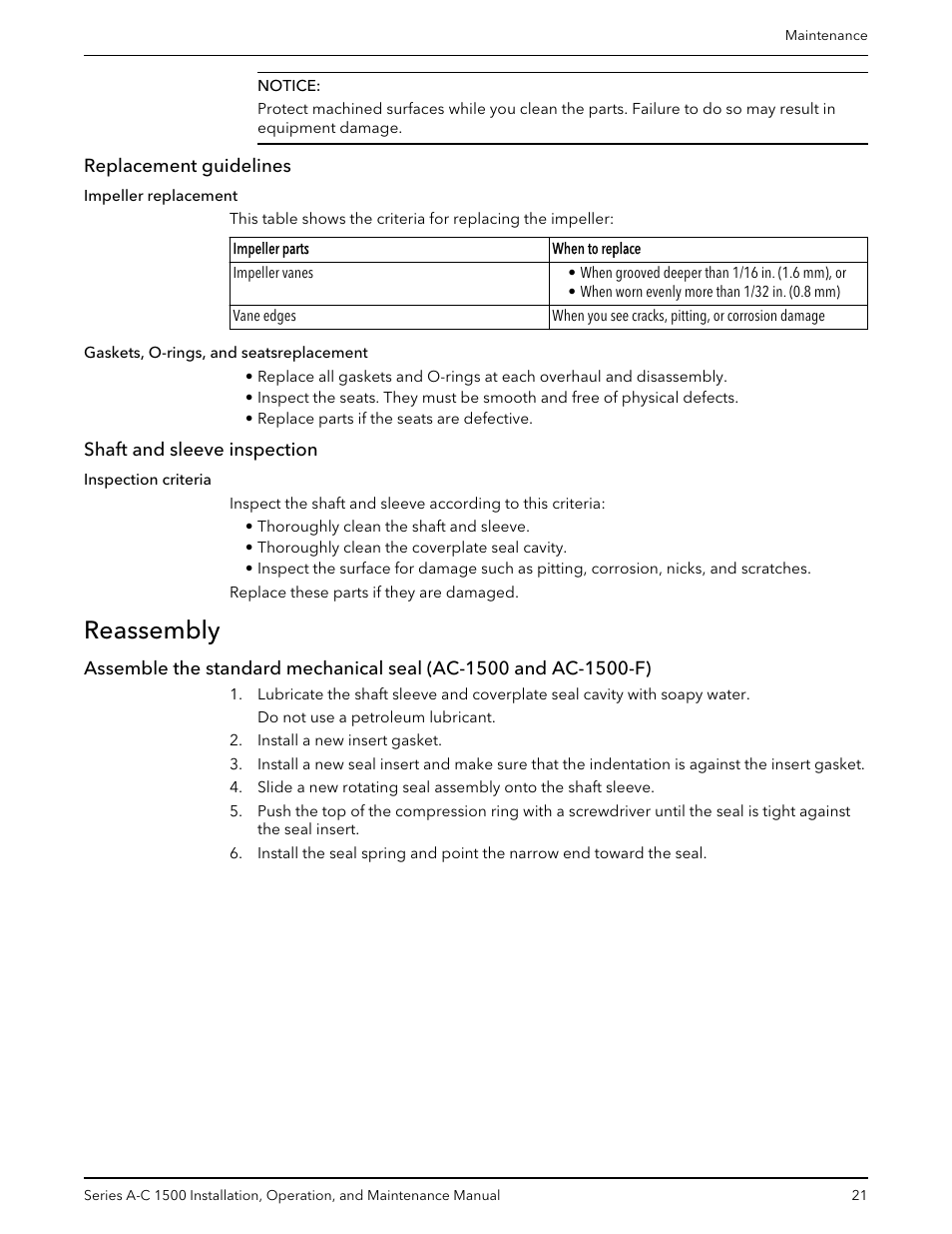 Replacement guidelines, Shaft and sleeve inspection, Reassembly | Replacement guidelines shaft and sleeve inspection | Xylem AC5660 Series A-C 1500 Vertical In-Line Pump User Manual | Page 23 / 32