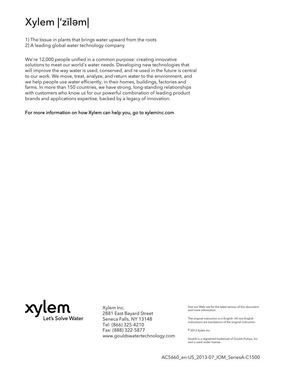 Xylem |’zīləm | Xylem AC5660 Series A-C 1500 Vertical In-Line Pump User Manual | Page 32 / 32