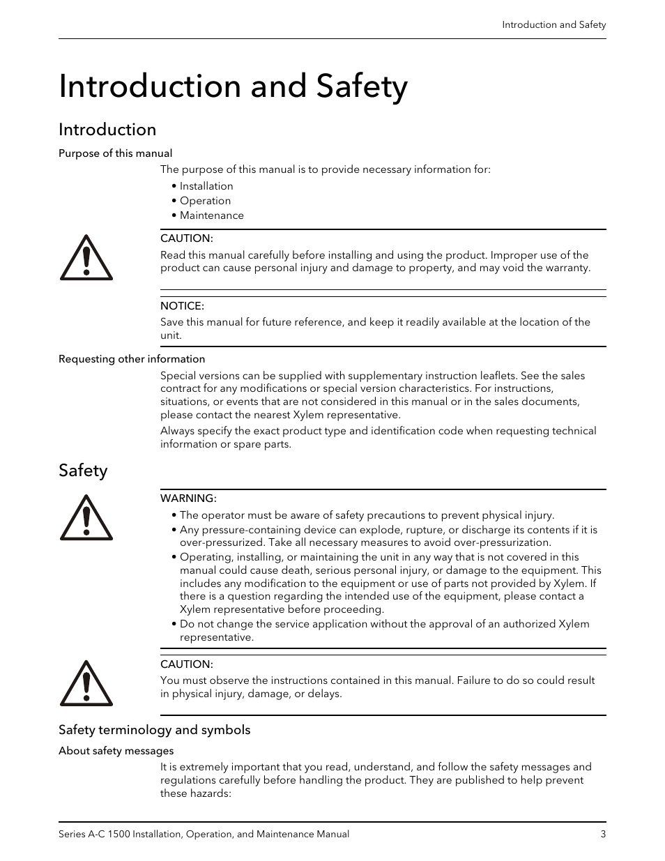 Introduction and safety, Introduction, Safety | Safety terminology and symbols, Introduction safety | Xylem AC5660 Series A-C 1500 Vertical In-Line Pump User Manual | Page 5 / 32