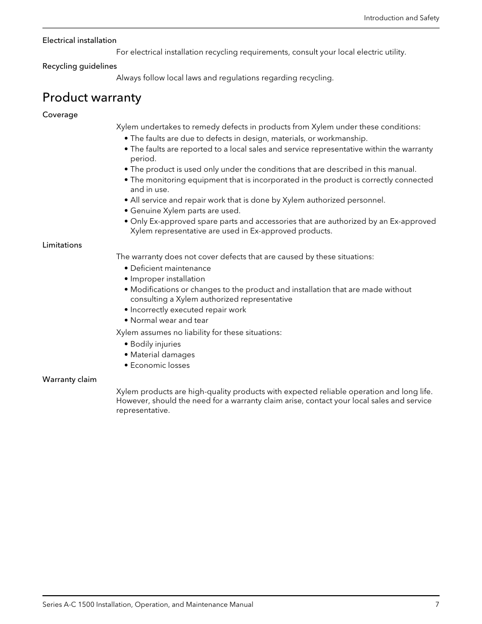 Product warranty | Xylem AC5660 Series A-C 1500 Vertical In-Line Pump User Manual | Page 9 / 32