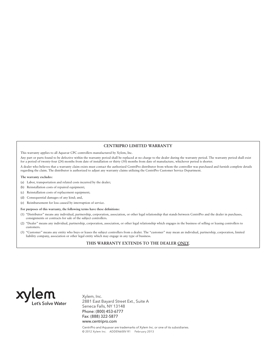 Xylem ADDEN600V R1 Aquavar CPC (Centrifugal Pump Control) 600 Volt Addendum User Manual | Page 8 / 8