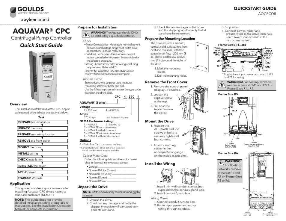 Xylem AQCPCQR Aquavar CPC Quick Reference Start-Up Guide User Manual | 2 pages