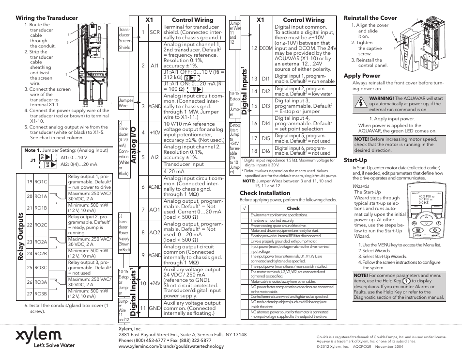 Relay outputs, Analog i/o, Digital inputs | Xylem AQCPCQR Aquavar CPC Quick Reference Start-Up Guide User Manual | Page 2 / 2