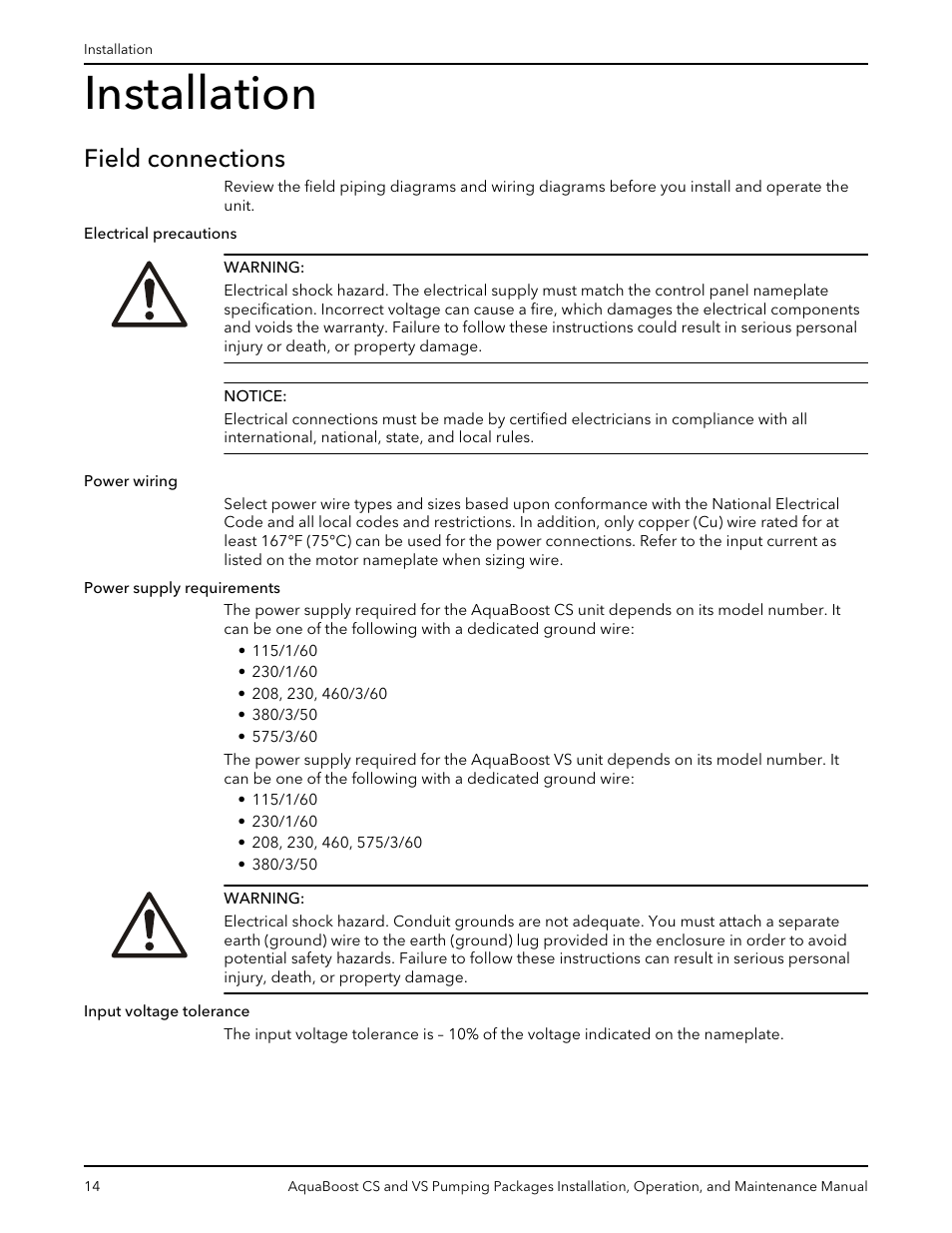 Installation, Field connections | Xylem AquaBoost CS and VS Pumping Packages User Manual | Page 16 / 48