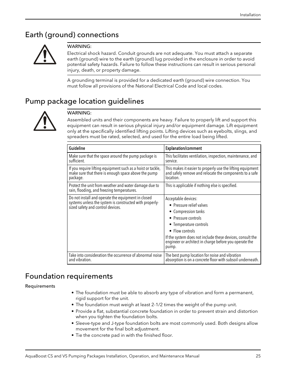 Earth (ground) connections, Pump package location guidelines, Foundation requirements | Xylem AquaBoost CS and VS Pumping Packages User Manual | Page 27 / 48