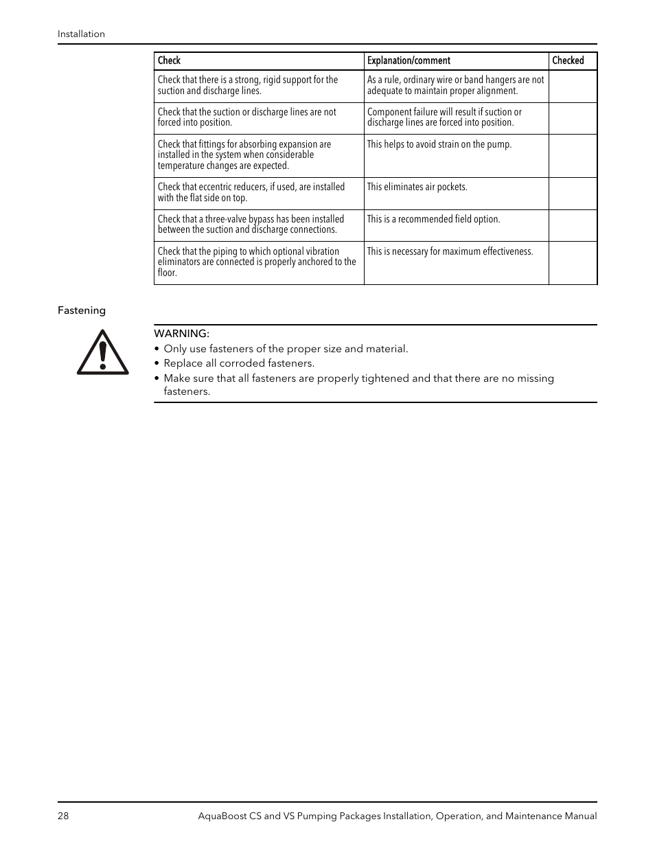 Fastening | Xylem AquaBoost CS and VS Pumping Packages User Manual | Page 30 / 48