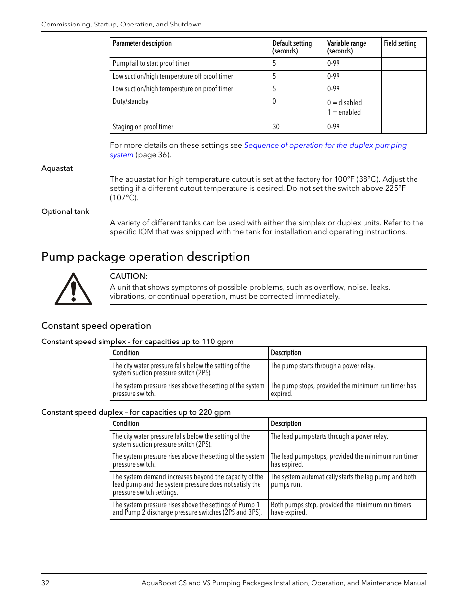 Pump package operation description, Constant speed operation | Xylem AquaBoost CS and VS Pumping Packages User Manual | Page 34 / 48