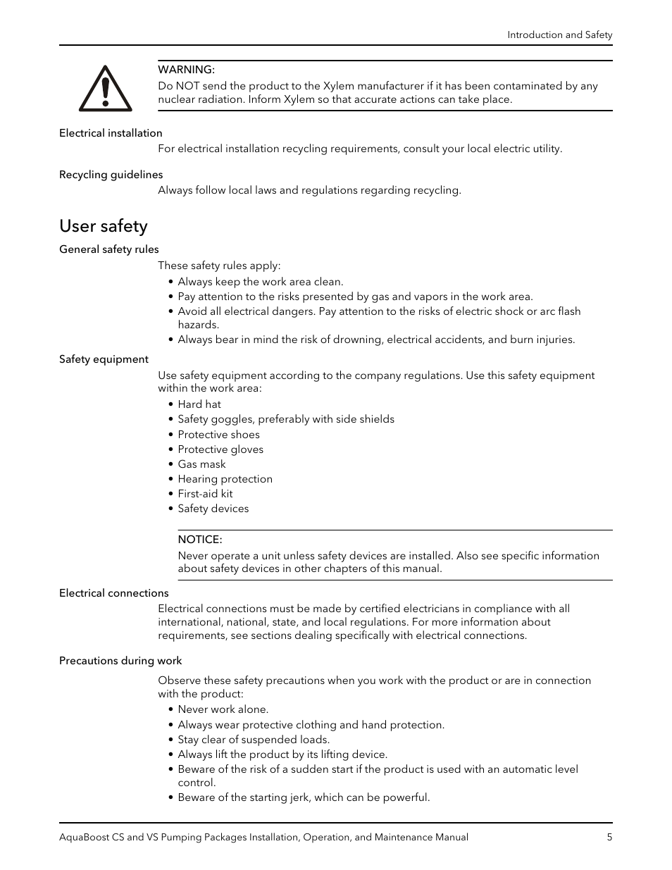 User safety, Recycling guidelines, Precautions during work | Xylem AquaBoost CS and VS Pumping Packages User Manual | Page 7 / 48