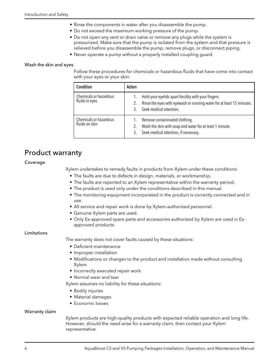 Product warranty, Wash the skin and eyes | Xylem AquaBoost CS and VS Pumping Packages User Manual | Page 8 / 48