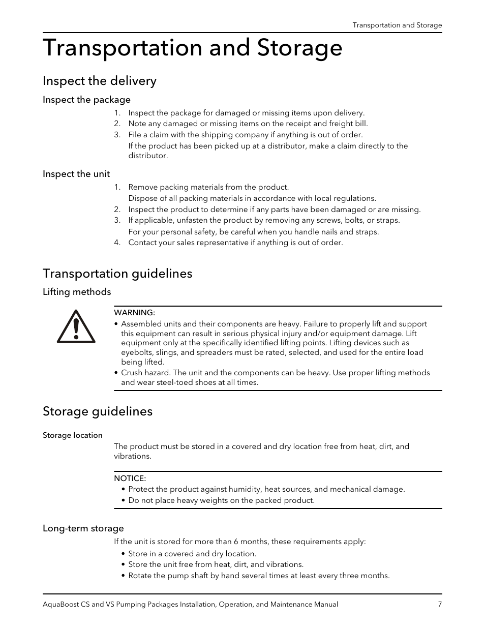 Transportation and storage, Inspect the delivery, Inspect the package | Inspect the unit, Transportation guidelines, Lifting methods, Storage guidelines, Long-term storage, Inspect the package inspect the unit, Storage location long-term storage | Xylem AquaBoost CS and VS Pumping Packages User Manual | Page 9 / 48