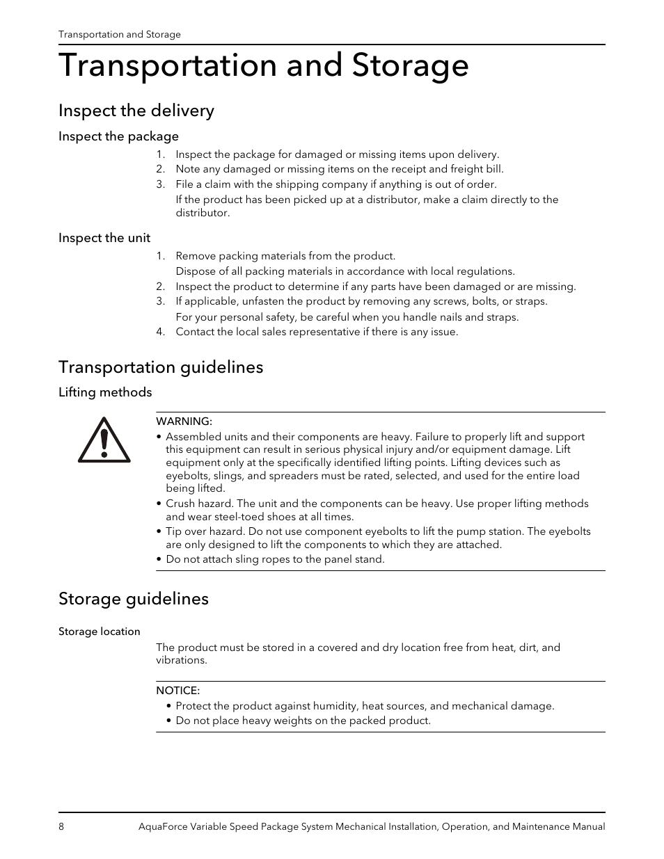 Transportation and storage, Inspect the delivery, Inspect the package | Inspect the unit, Transportation guidelines, Lifting methods, Storage guidelines, Inspect the package inspect the unit, Storage location | Xylem AquaForce Variable Speed Package System User Manual | Page 10 / 34