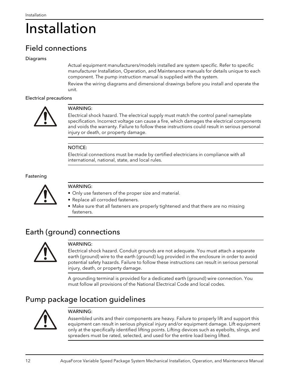Installation, Field connections, Earth (ground) connections | Pump package location guidelines | Xylem AquaForce Variable Speed Package System User Manual | Page 14 / 34