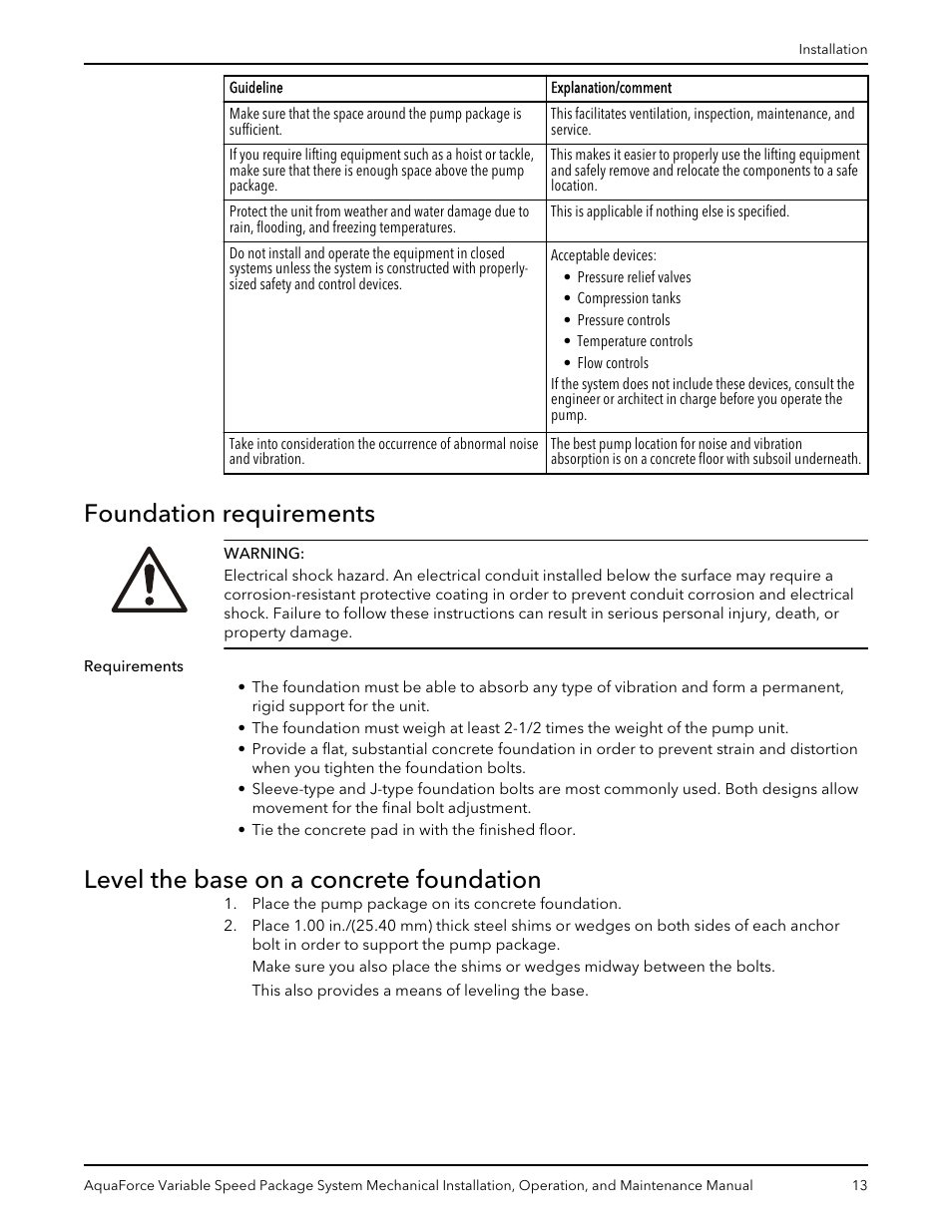Foundation requirements, Level the base on a concrete foundation | Xylem AquaForce Variable Speed Package System User Manual | Page 15 / 34