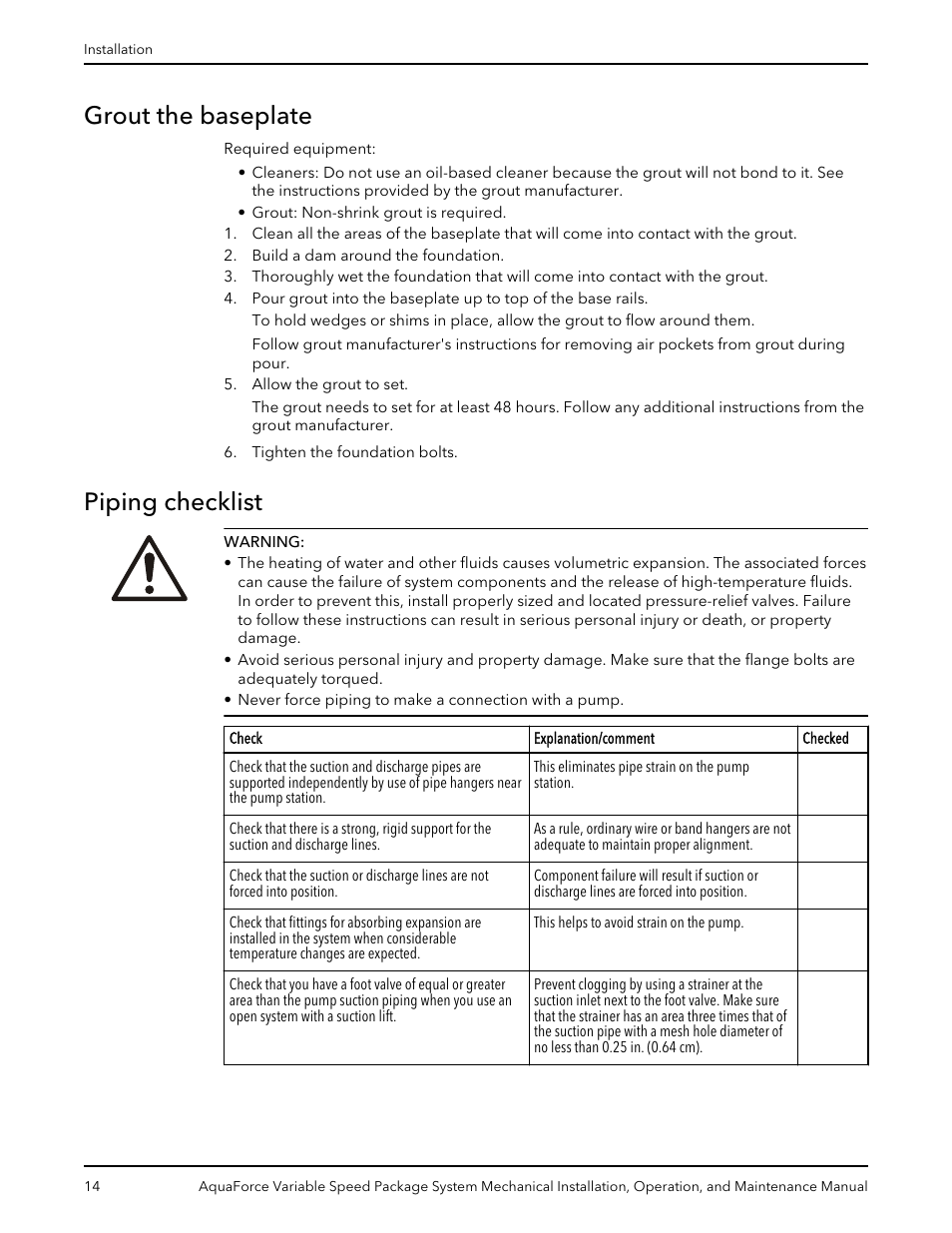 Grout the baseplate, Piping checklist, Grout the baseplate piping checklist | Xylem AquaForce Variable Speed Package System User Manual | Page 16 / 34