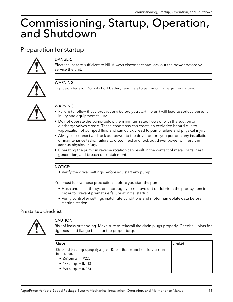 Commissioning, startup, operation, and shutdown, Preparation for startup, Prestartup checklist | Xylem AquaForce Variable Speed Package System User Manual | Page 17 / 34