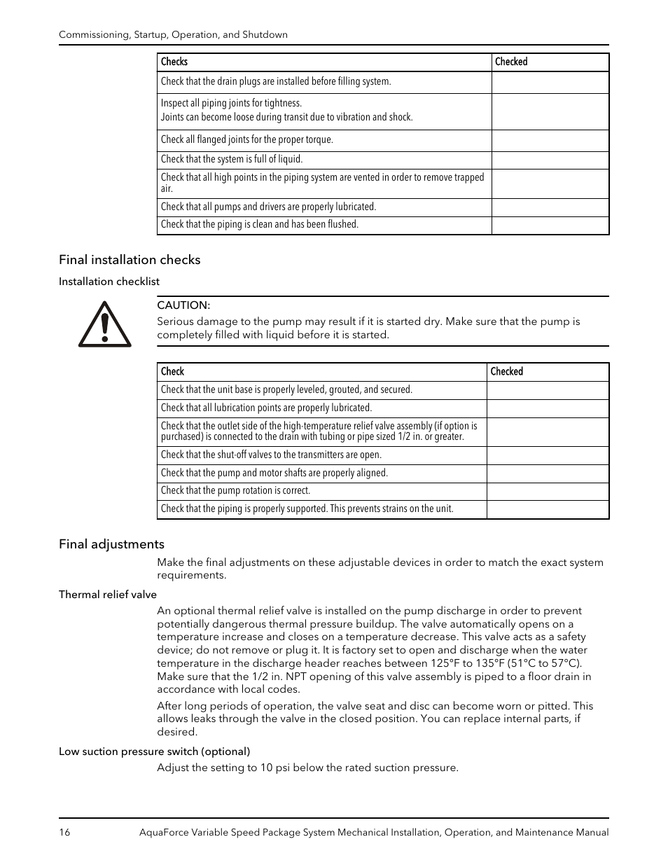 Final installation checks, Final adjustments, Final installation checks final adjustments | Xylem AquaForce Variable Speed Package System User Manual | Page 18 / 34