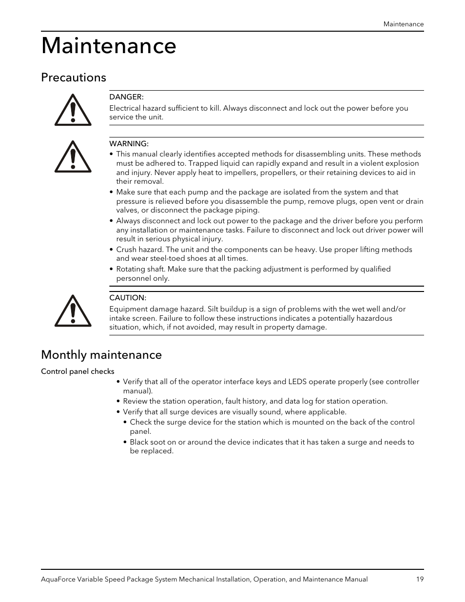 Maintenance, Precautions, Monthly maintenance | Xylem AquaForce Variable Speed Package System User Manual | Page 21 / 34