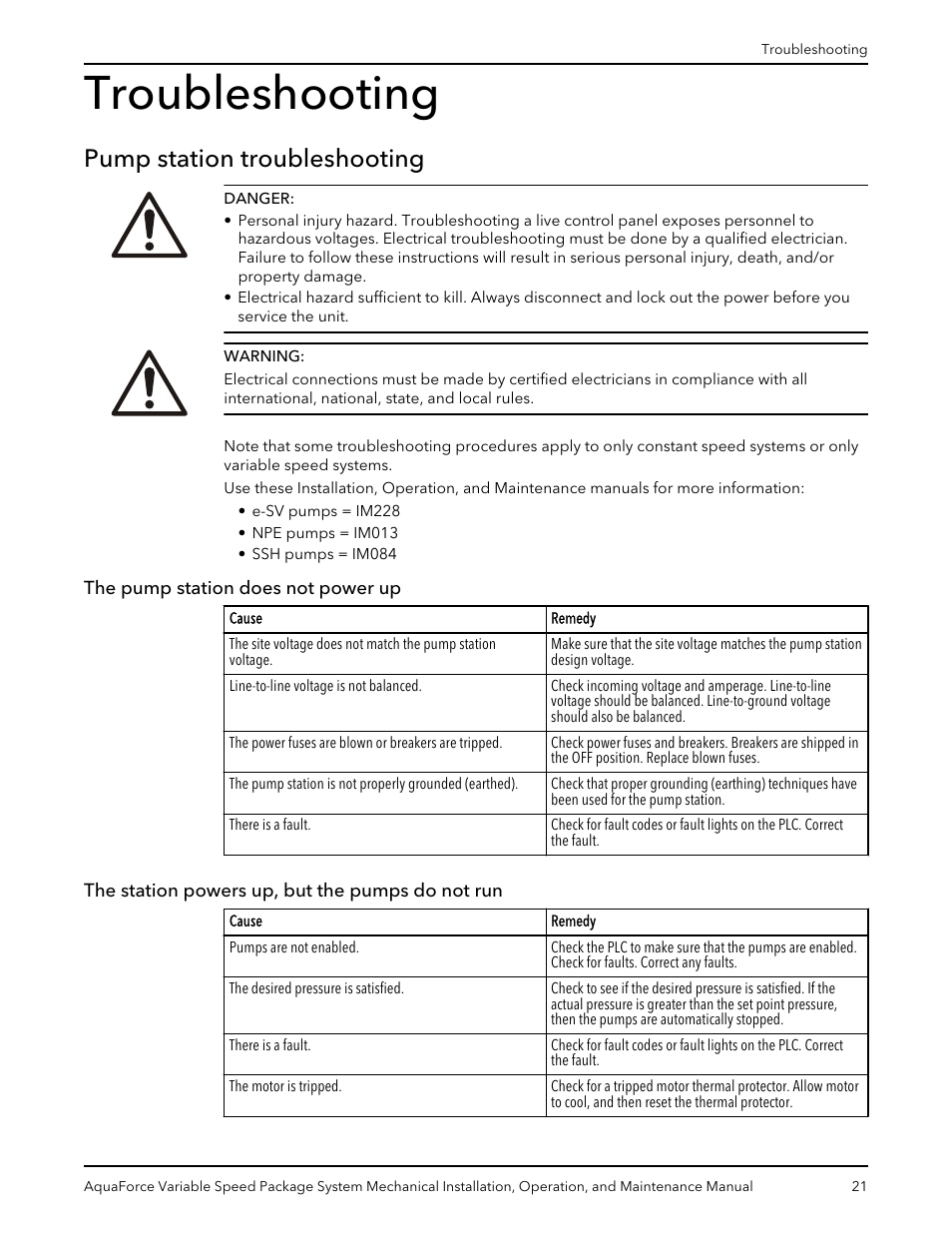 Troubleshooting, Pump station troubleshooting, The pump station does not power up | The station powers up, but the pumps do not run | Xylem AquaForce Variable Speed Package System User Manual | Page 23 / 34