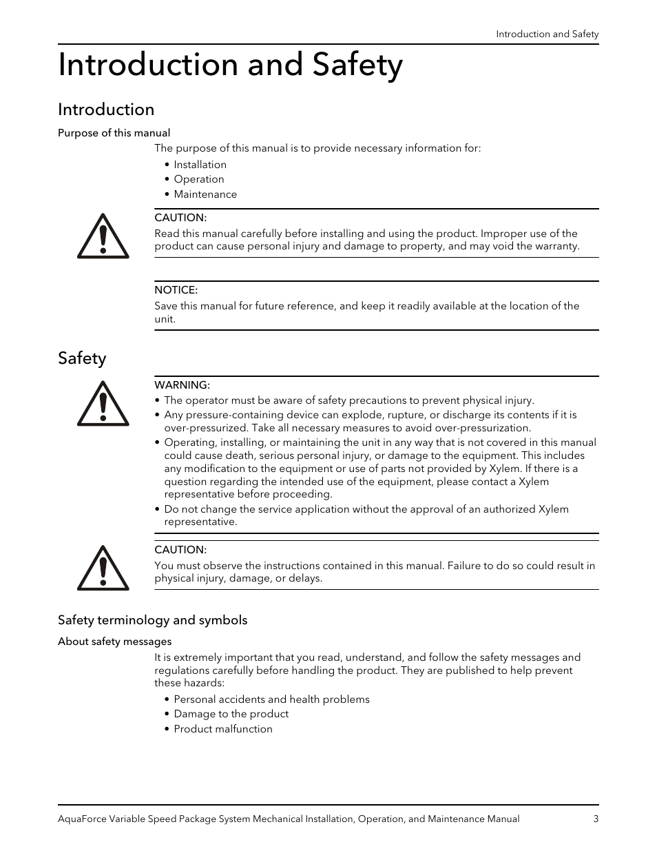 Introduction and safety, Introduction, Safety | Safety terminology and symbols, Introduction safety | Xylem AquaForce Variable Speed Package System User Manual | Page 5 / 34