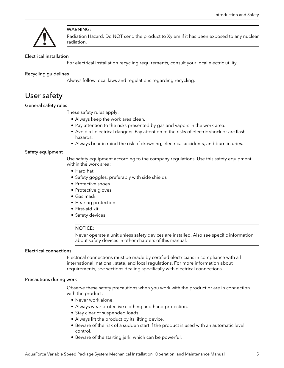 User safety, Recycling guidelines, Precautions during work | Xylem AquaForce Variable Speed Package System User Manual | Page 7 / 34